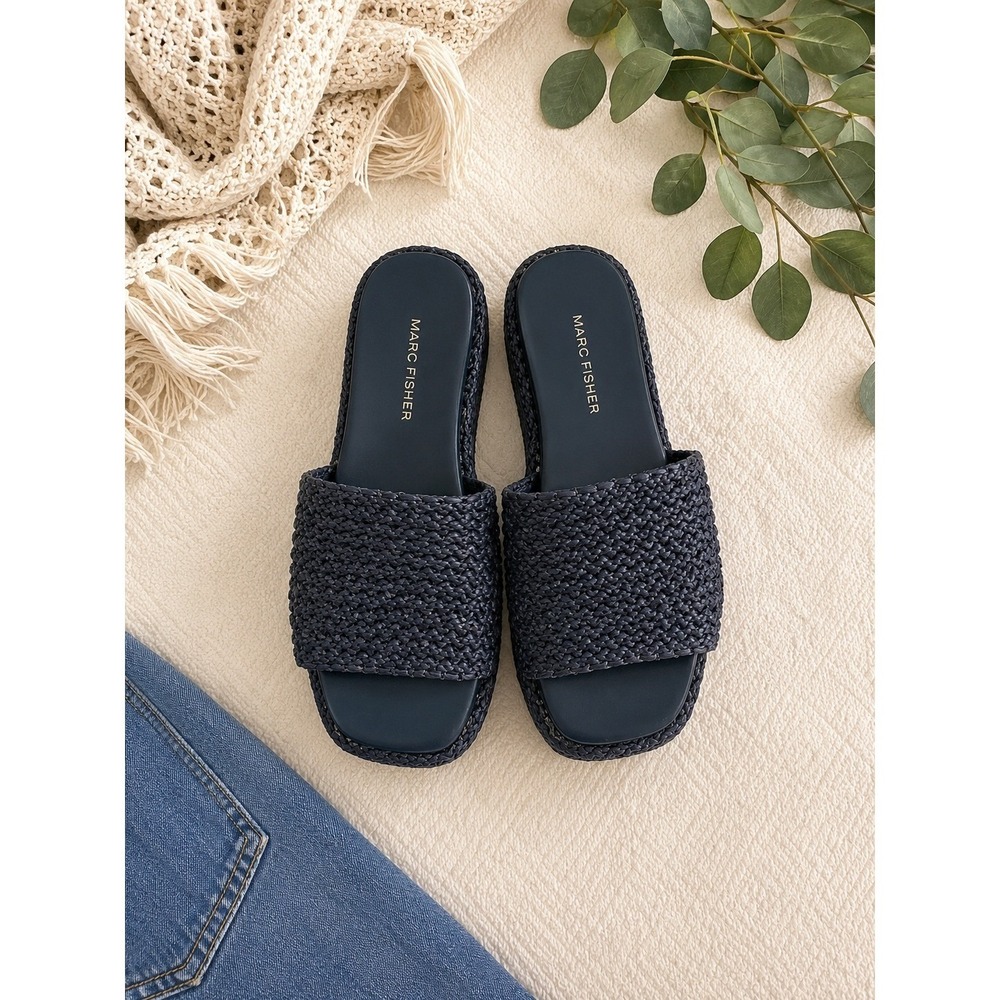 Marc Fisher Women Navy Blue Woven Platform Slide Sandals Square Toe 6.5M